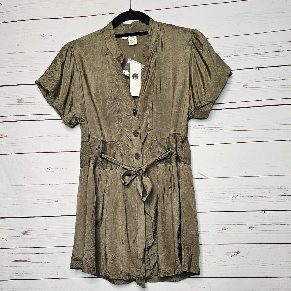 Flutterbye Olive Green Button Front Tie Waist Top